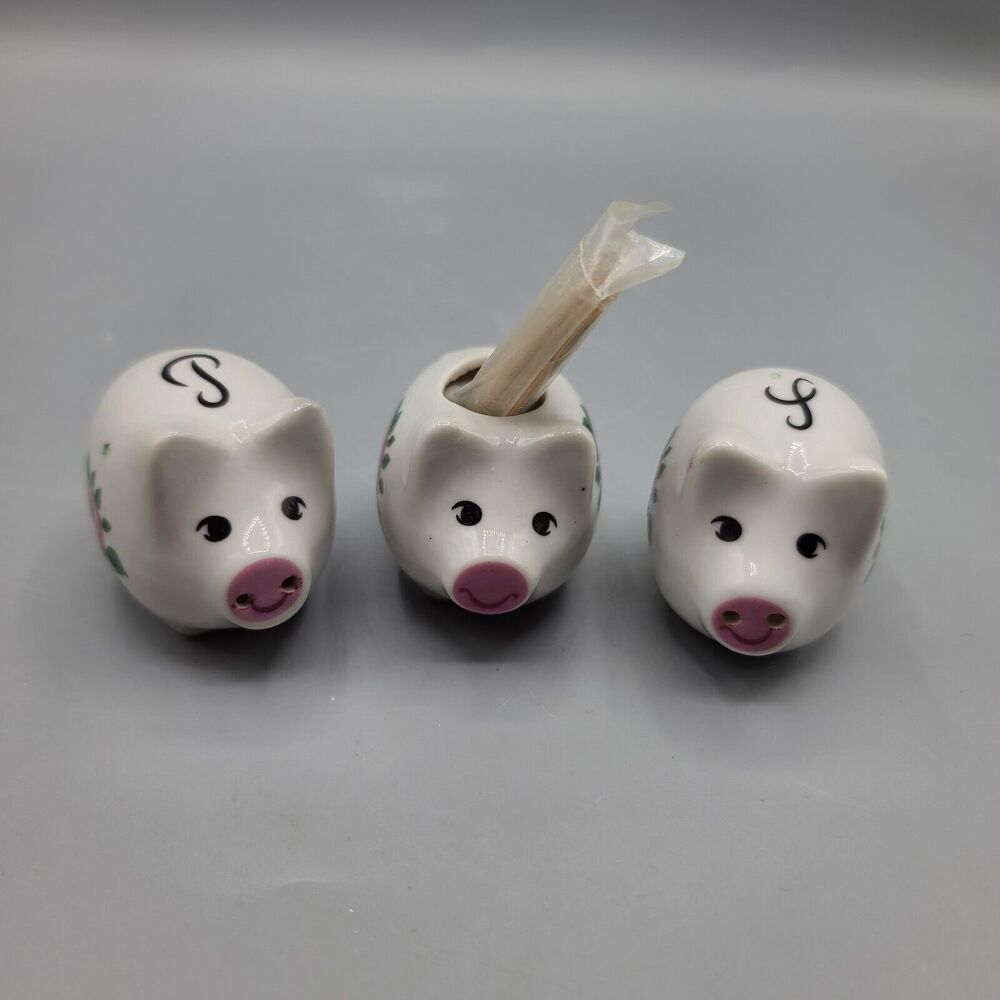 Vintage Hand Painted Three Little Pigs Salt & Pepper Shakers and Toothpick Cup